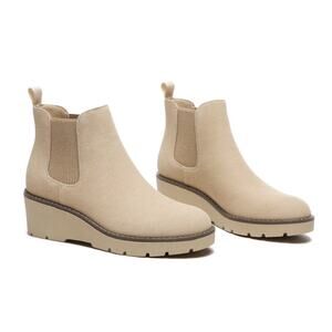 Athlefit Women's 7.5 Chelsea Wedge Slip On Boot Nude Tan Chunky Heel Vegan Suede